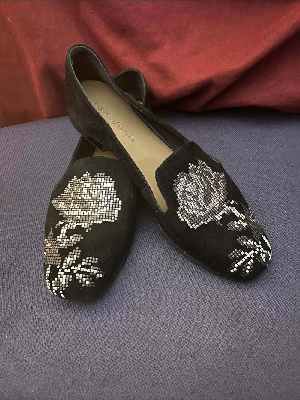 Donald J. Pliner Black Suede Loafers with Silver Beaded Floral Motif
